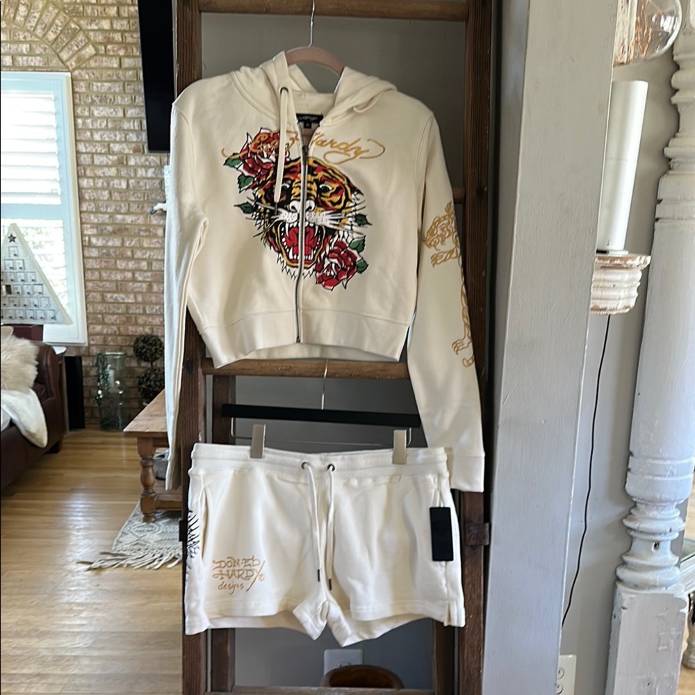 ED HARDY Tiger Rose Short Set - Ivory SWEATSHIRT HOODIE SHORTS NEW